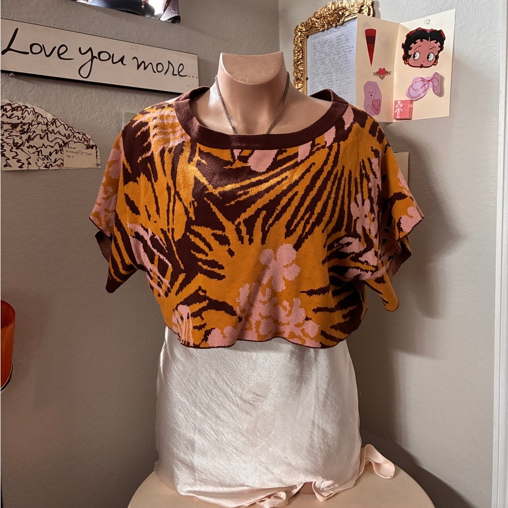 Women's Cropped Knit Top - Mustard, Brown & Pink Floral Pattern